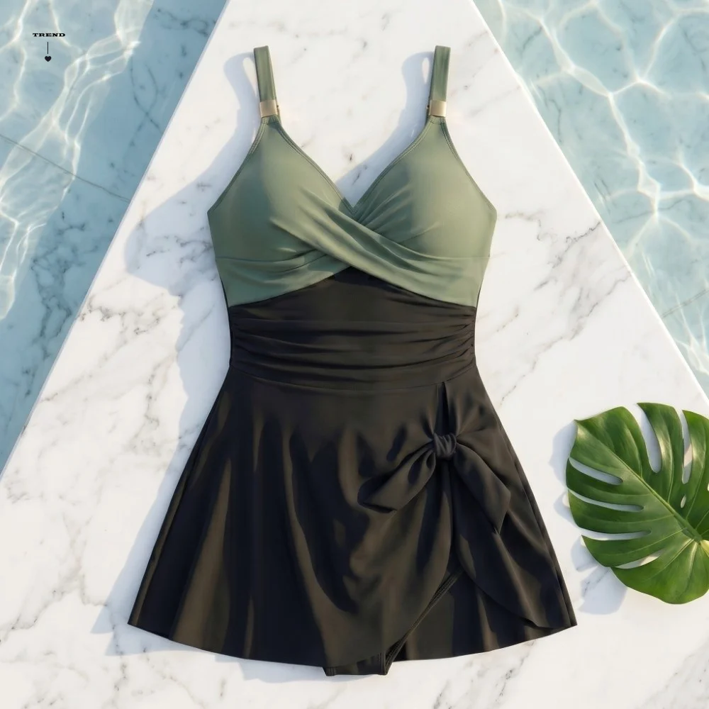 

Дышащий облегающий женский купальник с плиссированным V-образным вырезом, летний пляжный костюм без рукавов, юбка-купальник для лета