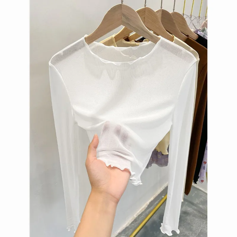 

Spaghetti Strap Dress Inner Layer Base Shirt Ice Silk Mesh Sunscreen T-Shirt Women Summer Transparent Gauze Black Short Lace Top