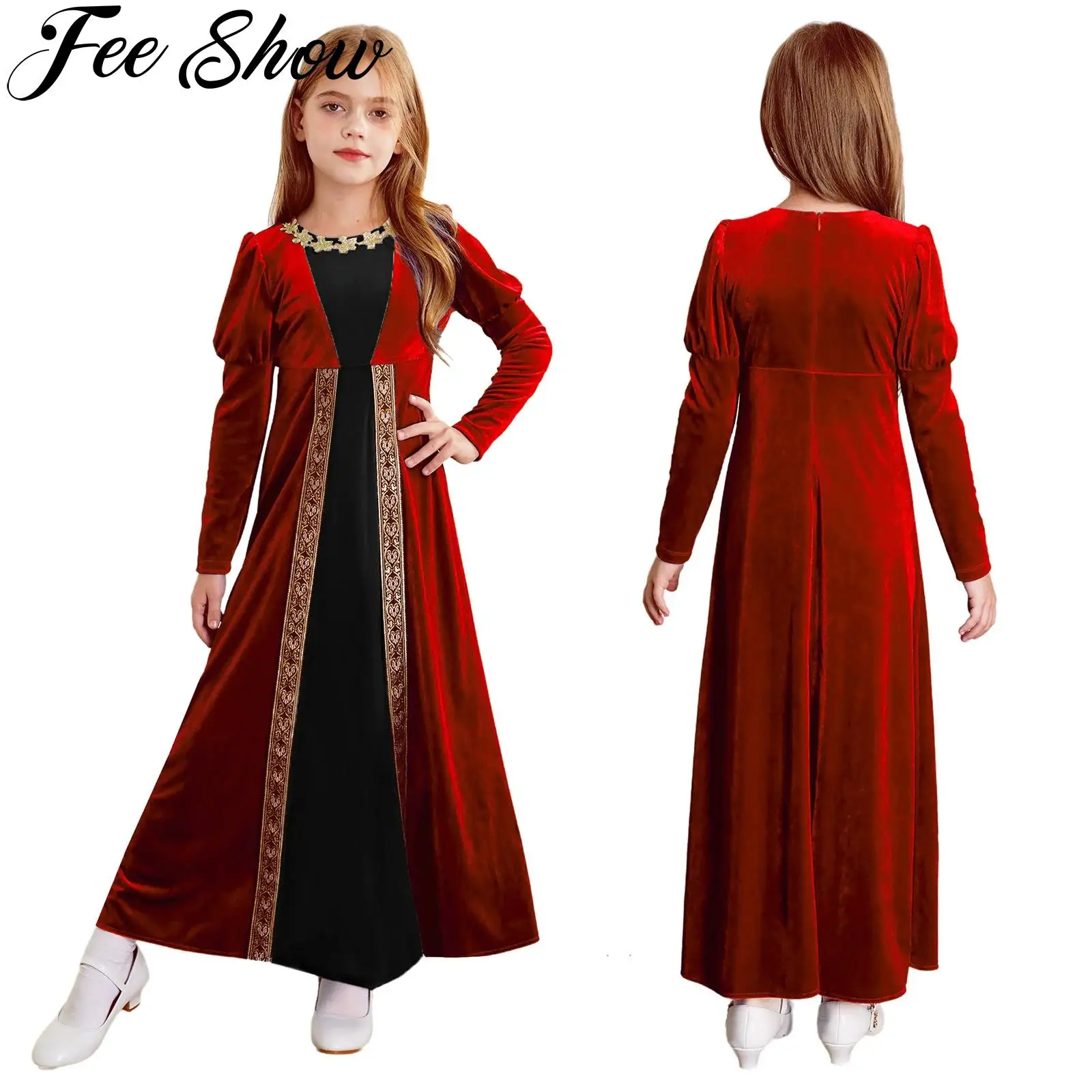 Çocuklar kızlar ortaçağ rönesans Retro prenses elbise uzun kollu altın çiçek kadife elbise cadılar bayramı temalı parti Cosplay kostüm