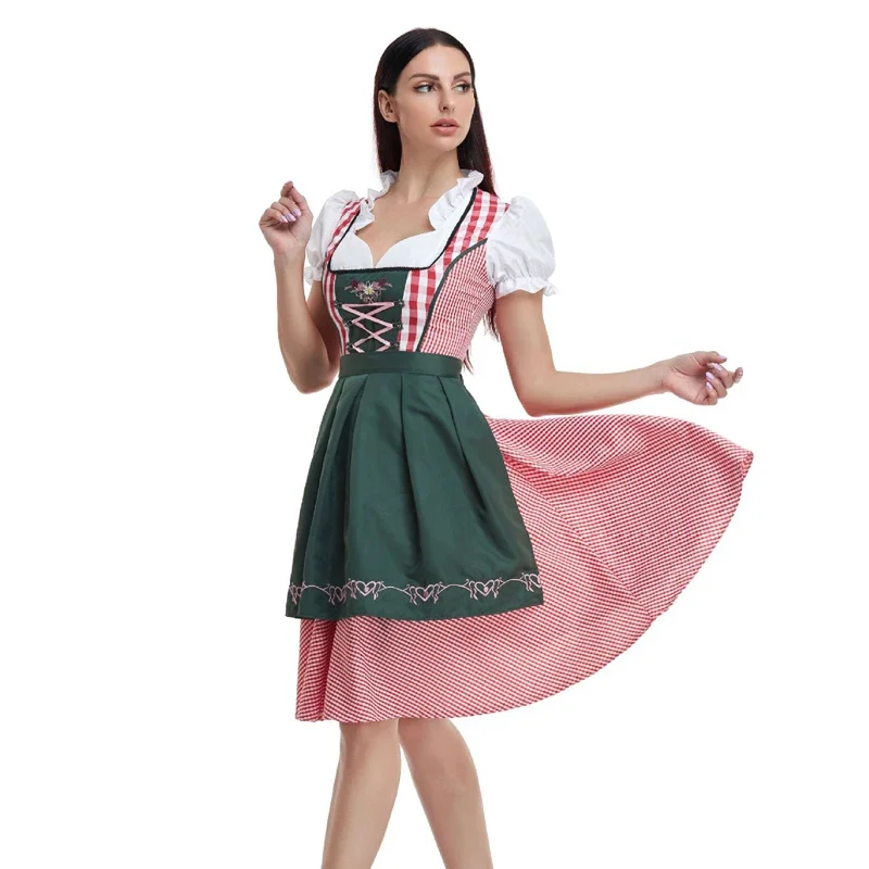 The New Lady Dirndl Oktoberfest Costume Bavarian National Pink Plaid Clubwear Cosplay Carnival Halloween Fancy Party Dress