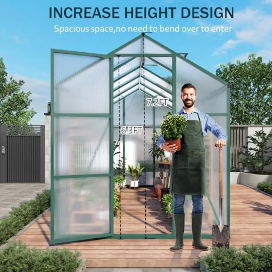 86in High 6*10.2FT Greenhouse for Outdoors, Polycarbonate Greenhouse with Stronger Wind Protection and Roof Vent, Walk-in Alumi