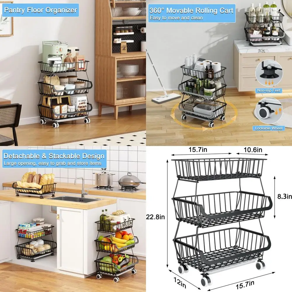 

Трехъярусный складной органайзер для кухонной кладовой на колесиках, металлические корзины для фруктов, овощей и закусок