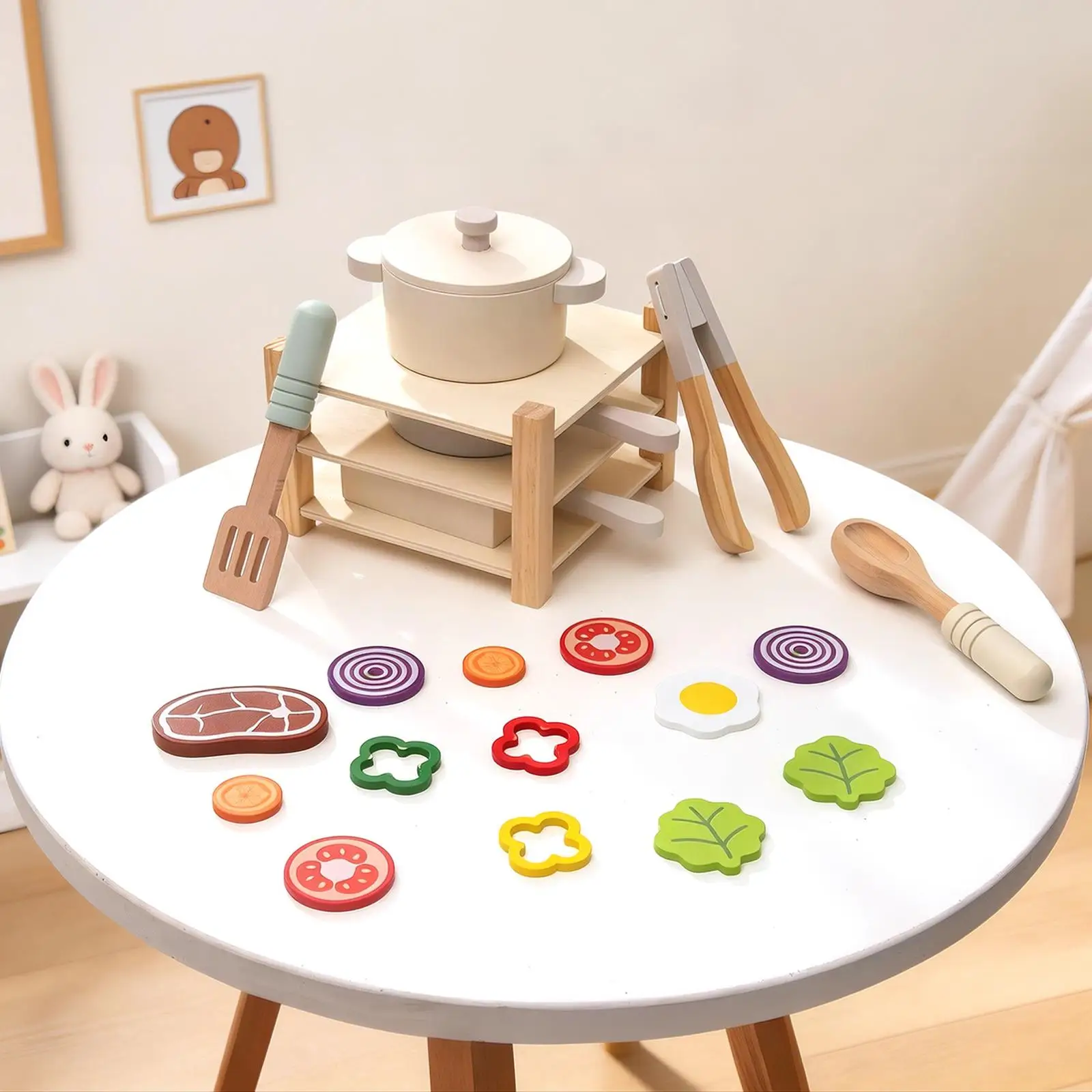 木製プレイキッチンアクセサリーおもちゃ調理器具、ごっこ遊び調理セット、子供向けインタラクティブプレイセット