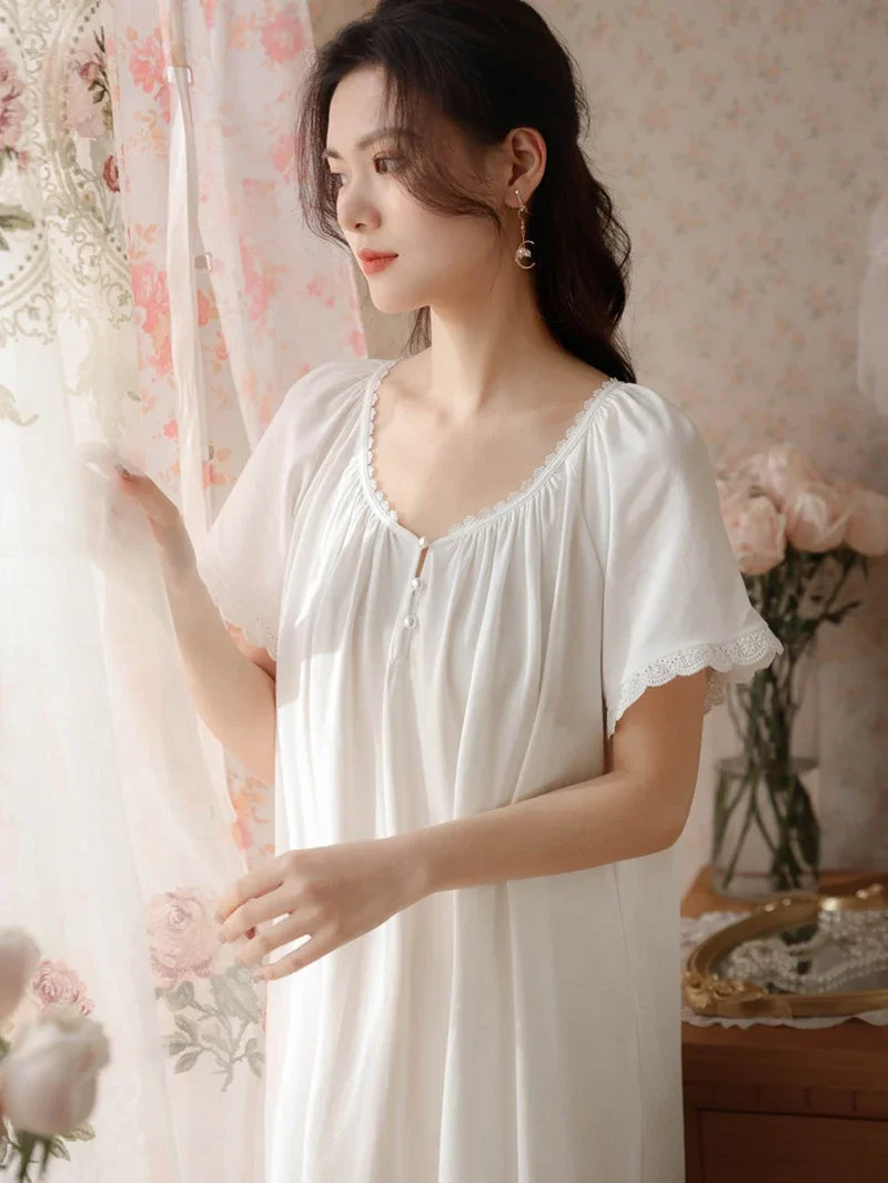 White Women Summer Short Sleeve Ruffles Romantic Victorian Nightdress Cotton Vintage Princess Lace Loose Fairy Nightgowns