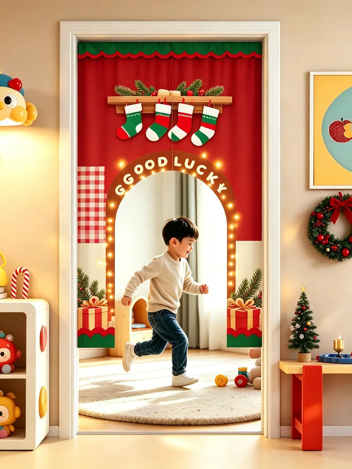 VIKAMA Christmas Stocking Arched Half Door Curtain Kids Room Bedroom Cotton Linen Short Curtain Privacy Partition Home Decor