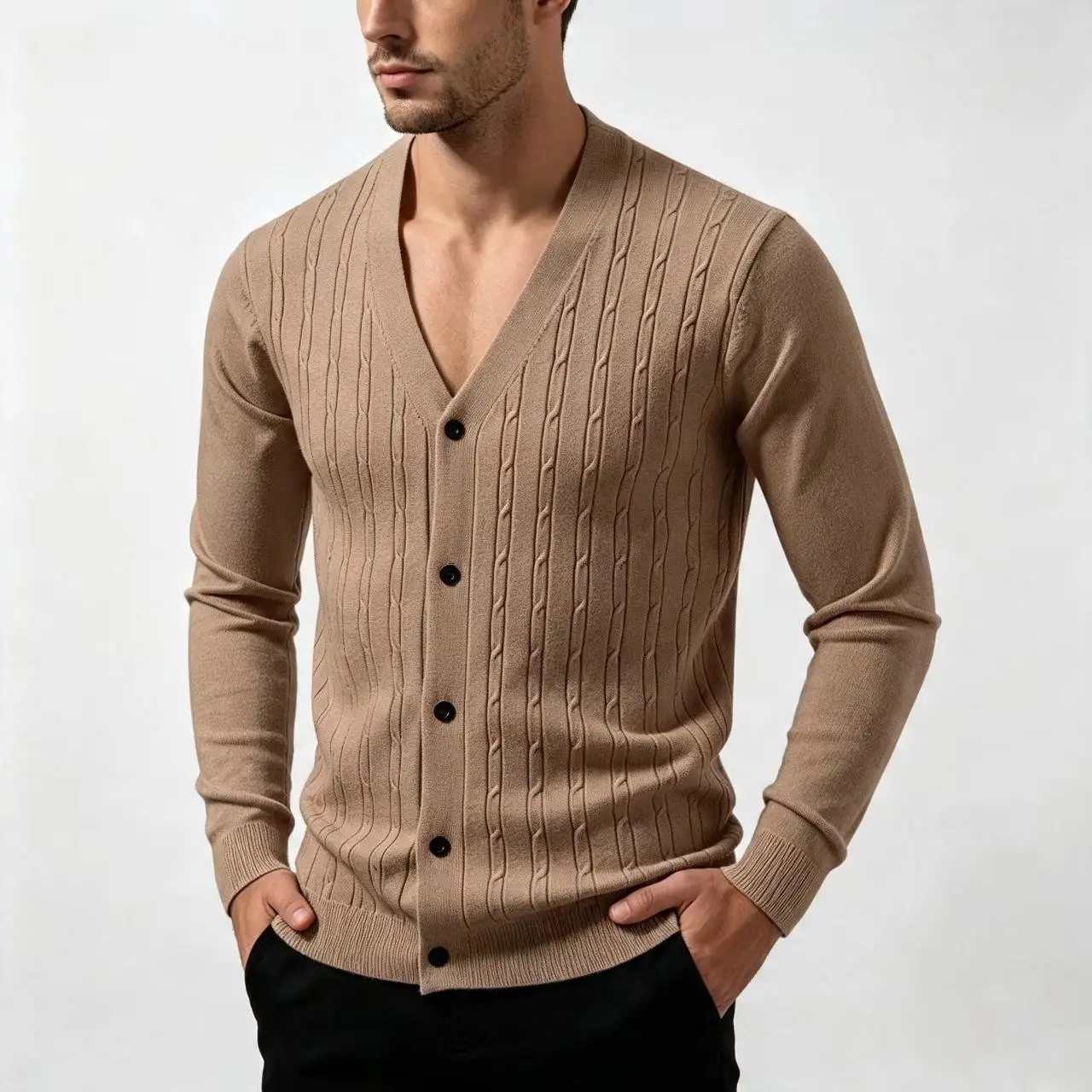 Men's Solid Color V-Neck Cardigan Sweater Long Sleeve Knitwear Casual Autumn Outerwear with Button up Fried Dough Twist Design