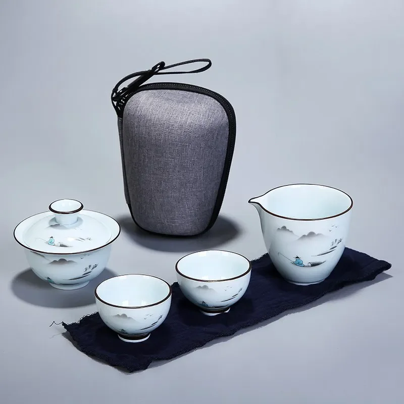 Chinese Kung Fu Tea Set Ceramic Portable Teapot Set Travel Gaiwan Tea Cups of Tea Ceremony Teacup Fine Gift with Travel Bag