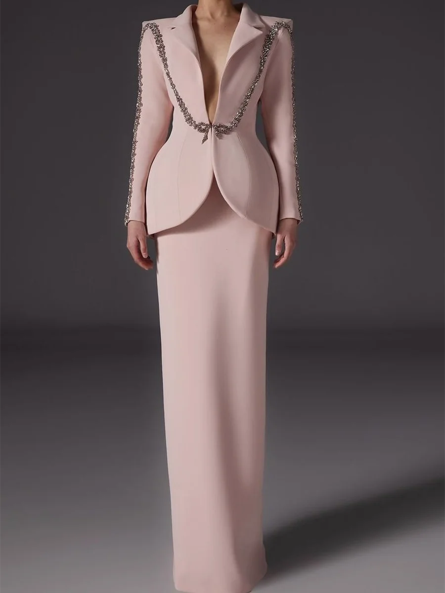 

Classic V-Neck Satin Pink Beading Full Sleeve Bow Straight Formal Evening Dresses Birthday Party Prom Gowns Customized