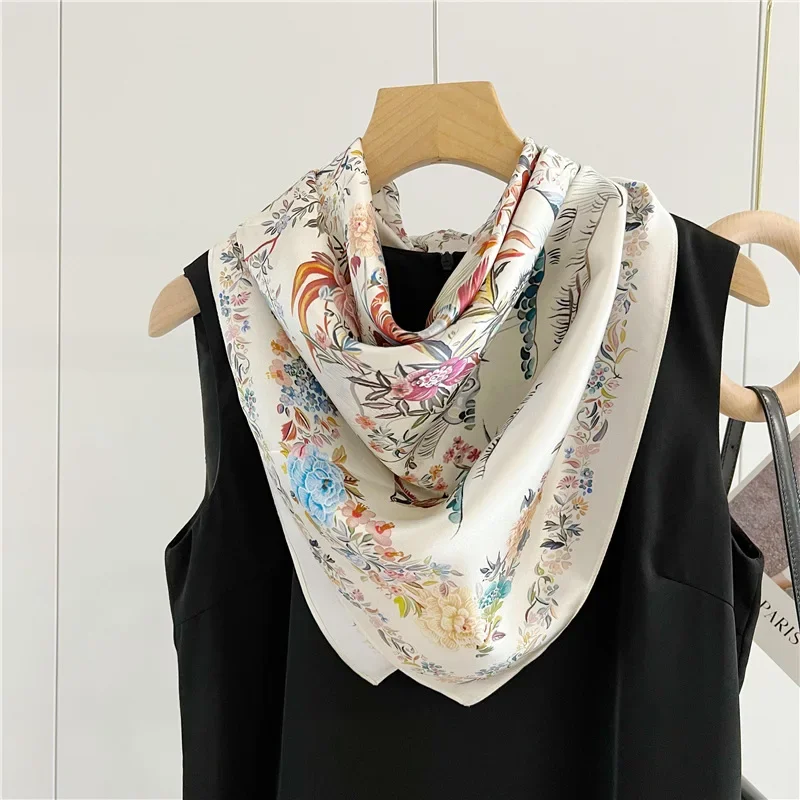 Spring/Summer Concise Flower&Bird Graphic Imitation Silk Neckerchief Outdoor Breathable Wraps for Women 70cm Print Square Scarf