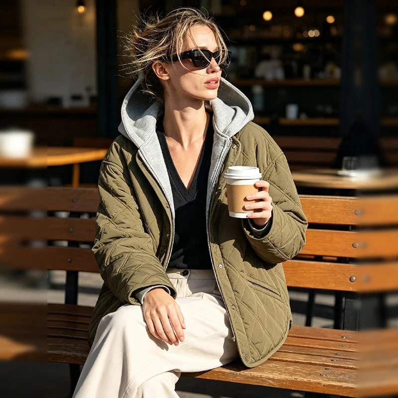 Women Faux Two‑piece Hooded Quilted Jacket Oversized Diamond Lattice Padded Coat Female Zip Snap Button Loose Casual Outerwear