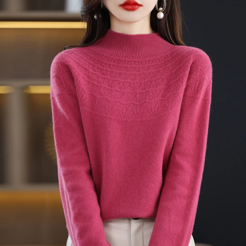 Spring And Summer New Pure Wool Thin Sweater Round Neck Hollow Ladies Long Sleeve Loose Commuter Joker Pullover