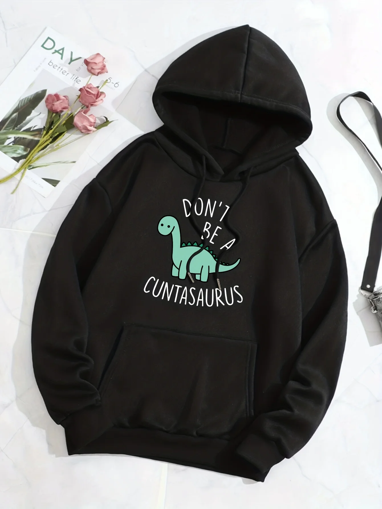 هودي نسائي كاجوال برسومات ديناصور وشعار "Don't Be a Cuntasaurus" - جيب الكنغر، قابل للغسل في الغسالة