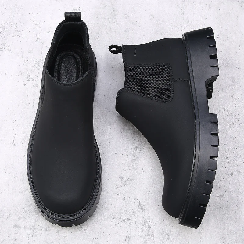 Men Plus Size Thick Soled Chelsea Boots Height Increasing Non Slip Business Casual Breathable Frosted Niche Fashion Short Boots
