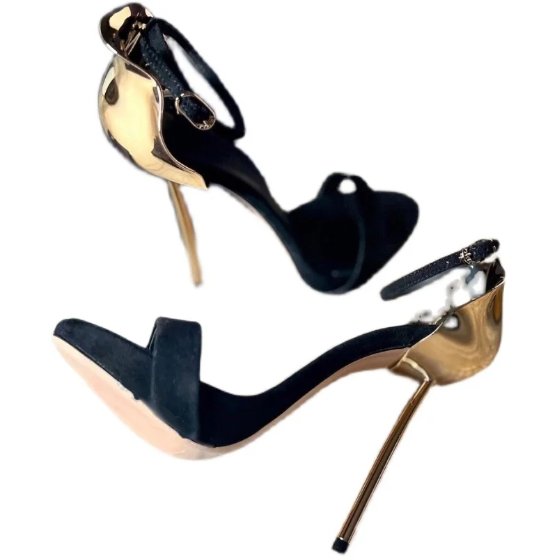 Stiletto Heel Solid Sandals Petal Round Toe Ankle Strap Fashion Women\'s High Heels Summer All-match Leather Fashion Sandals