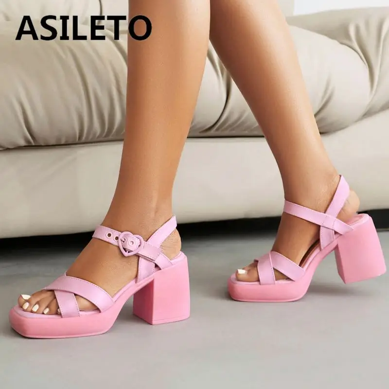 ASILETO 2024 New Summer Women Sandals Square Toe Chunky High Heels 8cm Buckle Strap Big Size 41 Leisure Soft Daily Shoes