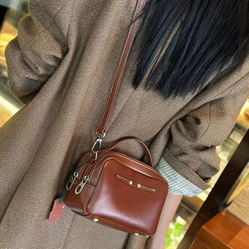 Women Bag Cowhide Genuine Leather Double Zippers Crossbody Messenger Lady Urban Minimalism Fashion Small Square Shoulder Handbag