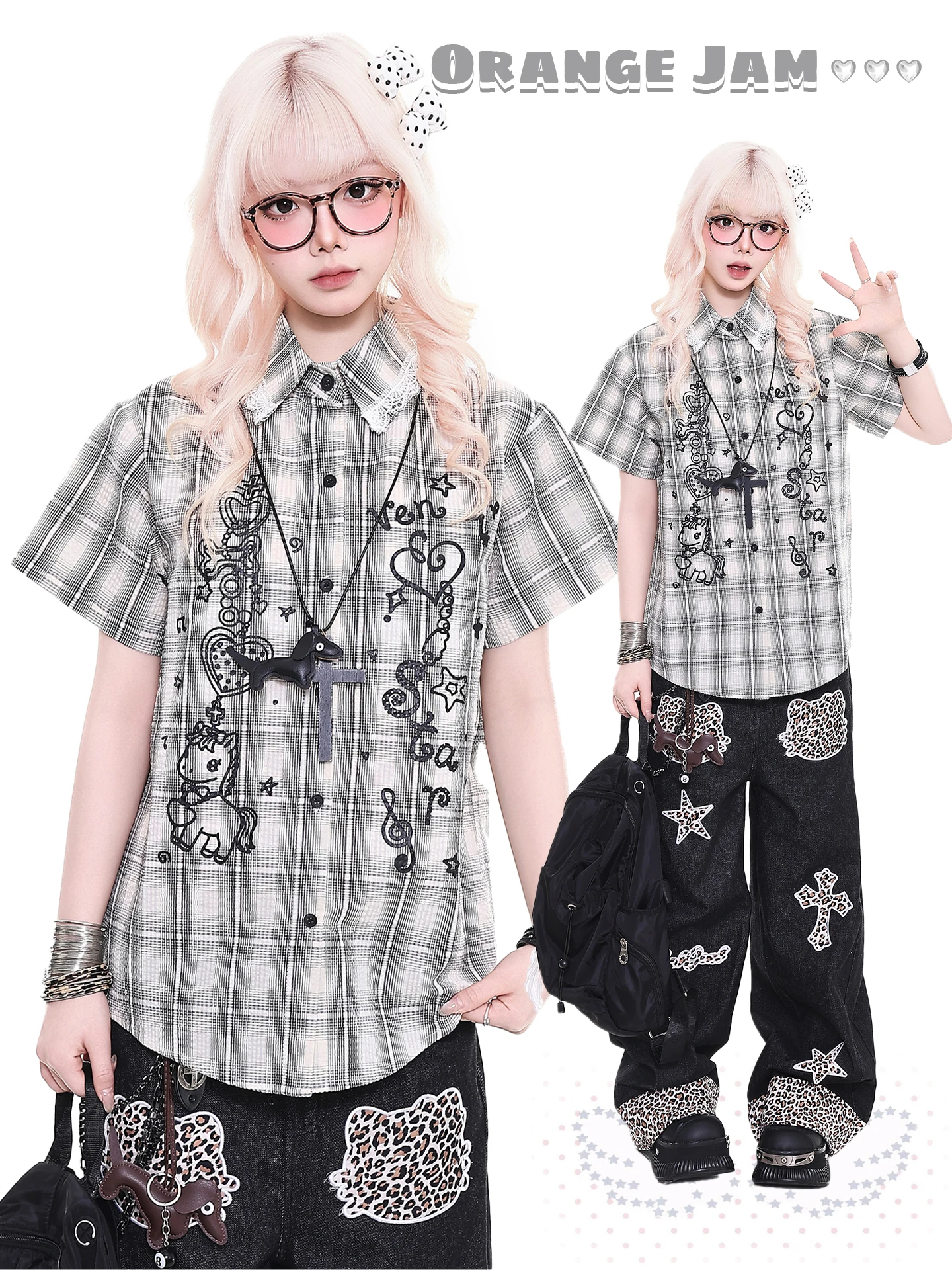 

YO Retro Hand-Dn Cartoon Plaid ort Sve irt Women's Casual Slimming Top Orange Marmalade Summer New Sle Loose Fit