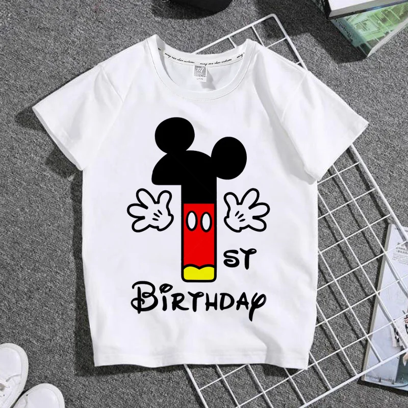 Summer Fashion Mickey Mouse How Old Am I? Printed Short-Sleeved Tops Kids Pure Cotton White T-Shirt Boys Girls Birthday Clothes