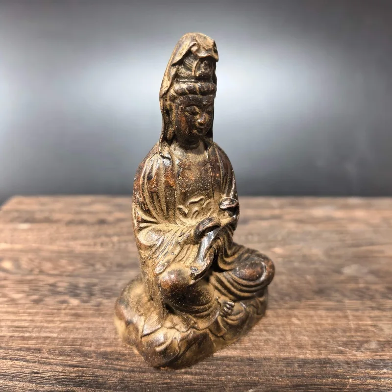 Vintage copper Guanyin statue sitting on a lotus with a water vase, Guanyin Buddha statue, Zizai Guanyin, home decoration craft,