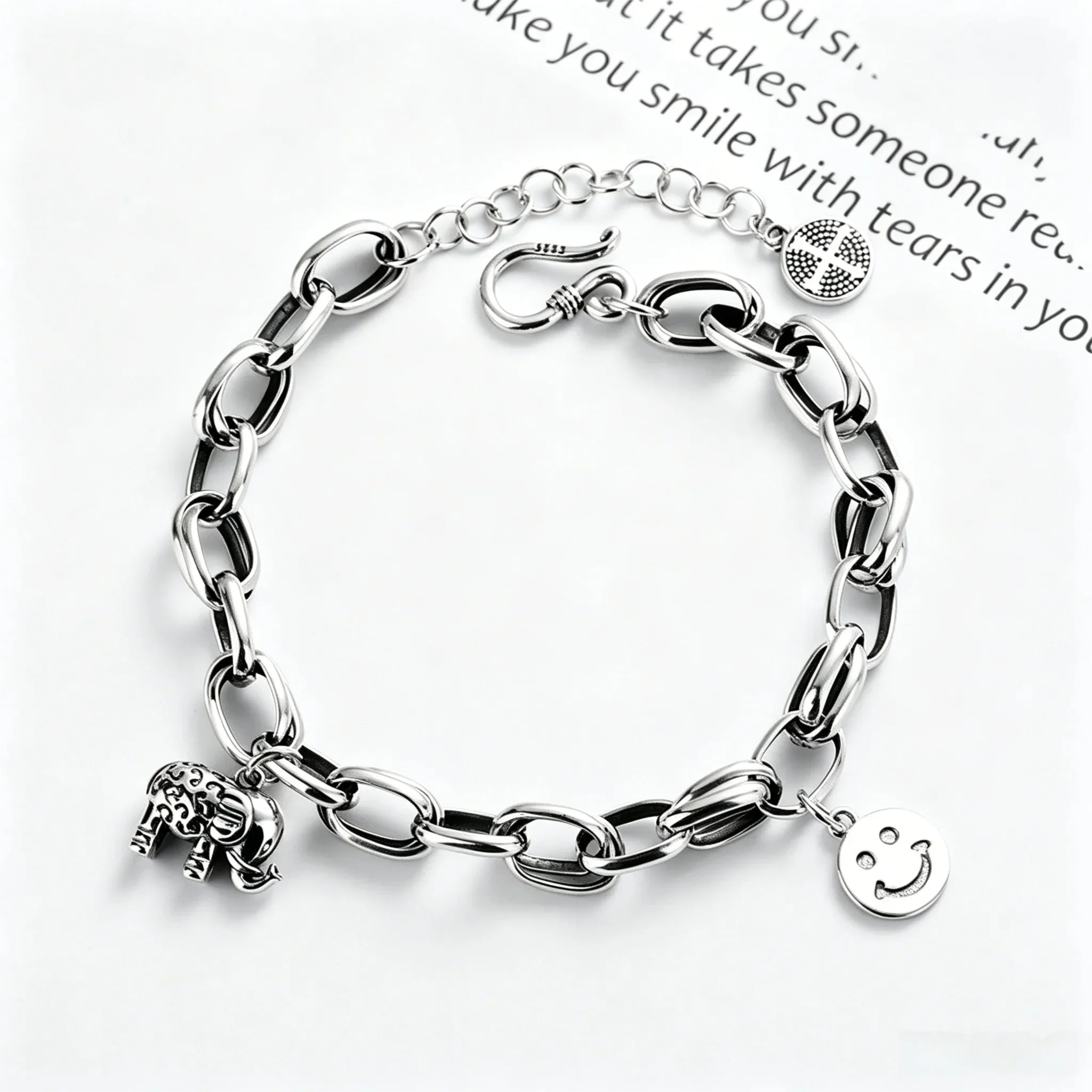 S925 Sterling Silver Elephant Smiley Face Bracelet, Vintage Retro Distressed Finish, Niche Ins Style Unisex Charm Jewelry