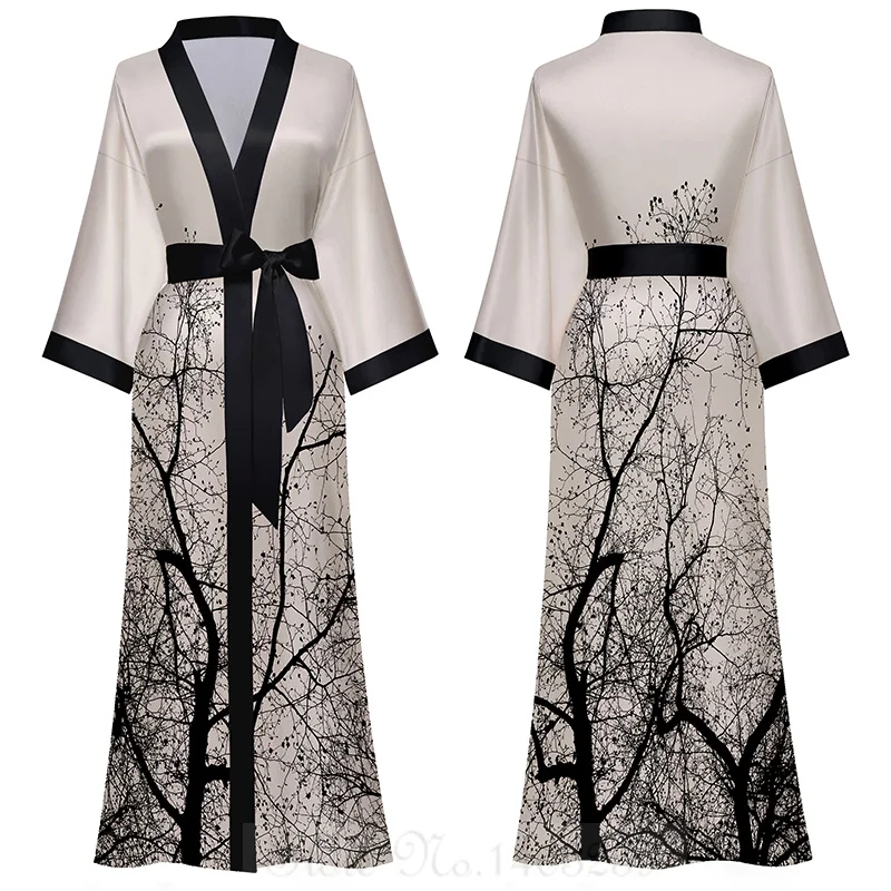 Plus Size Female Long Robe Nightgown Print Flower Kimono Bathrobe Gown Spring Summer Satin Sleepwear Loose Casual Home Dress