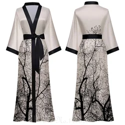 Chinese Style Print Women Long Robe Nightgown Retro Satin Sleepwear Nightdress Half Sleeve Kimono Bathrobe Gown Loose Home Wear