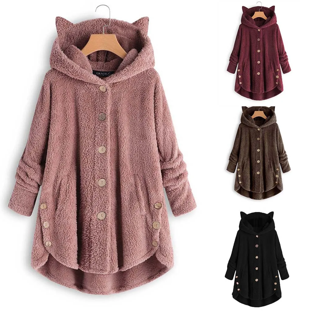 Fashion Warm Fleece Hoodies Women Autumn Winter Casual Kawaii Loose Sweatshirts Fluffy Long Pullovers Button Hooded Coat