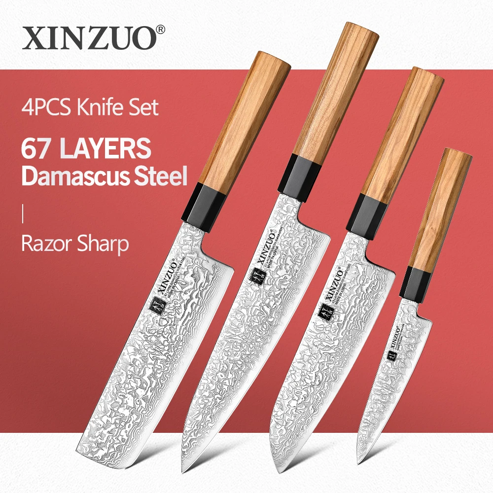 XINZUO 4PCS Chef Utility Santoku Nakiri Knife Kitchen Knives Set 10Cr15CoMov Steel Core 60±2HRC 67 Layers Damascus Super Steel