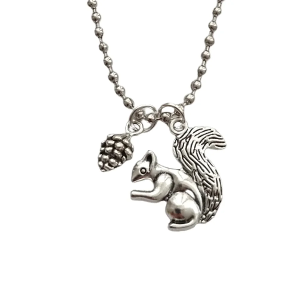 

Squirrel and Pine Necklace, Cute Charm Pendant, Long Necklace for Man Woman, Antique Silver Color