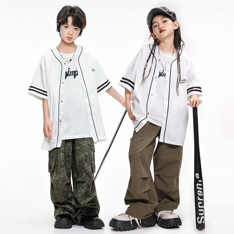 Jungen Hip Hop Baseball Shirt Street Dance Jogger Mädchen Lose Camo Cargo Hosen Kind Streetwear Kinder Jazz Kostüme Kleidung Sets