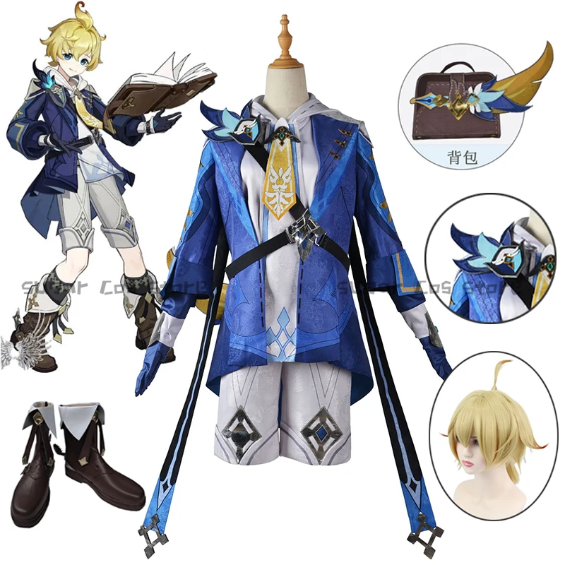 Genshin Impact Mika Jogo Cosplay Fantasias, Uniformes Escolares Mika, Ternos Azuis, Casacos e Jaquetas, Roupas de Festa de Halloween