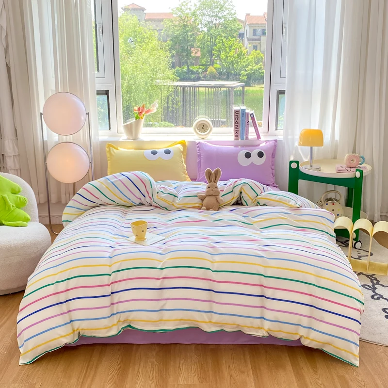 4pcs Simple Color Stripes Duvet Cover Set Cute Green Pink Bedding Big Eye Pattern Pillowcases Comforter Cover with 1 Bed Sheet