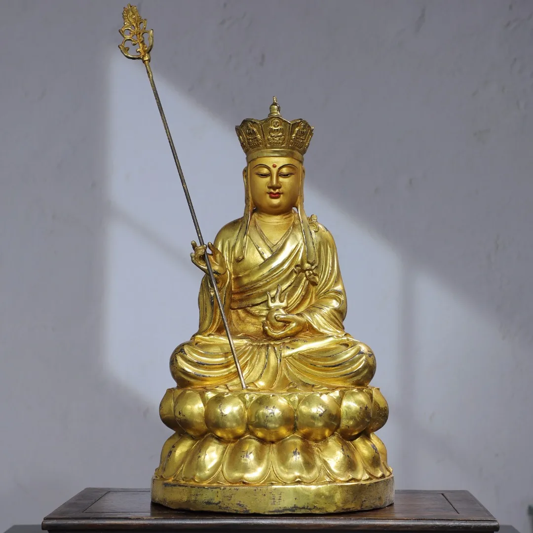 

16"Tibetan Temple Collection Old Bronze Gilding Painted Ksitigarbha Bodhisattva Buddha Lotus Stage Worship Hall Town house