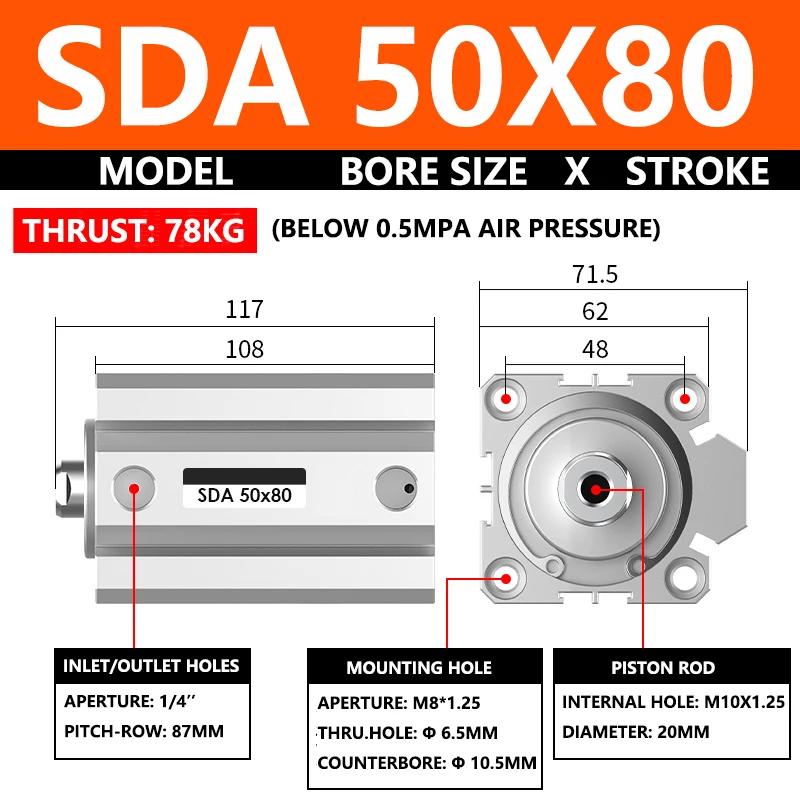 

ABILKEEN SDA50X80 Серия SDA Тонкий воздушный цилиндр 50 мм с внутренней резьбой Диаметр X 80 мм Ход Пневматический компактный цилиндр двойного действия