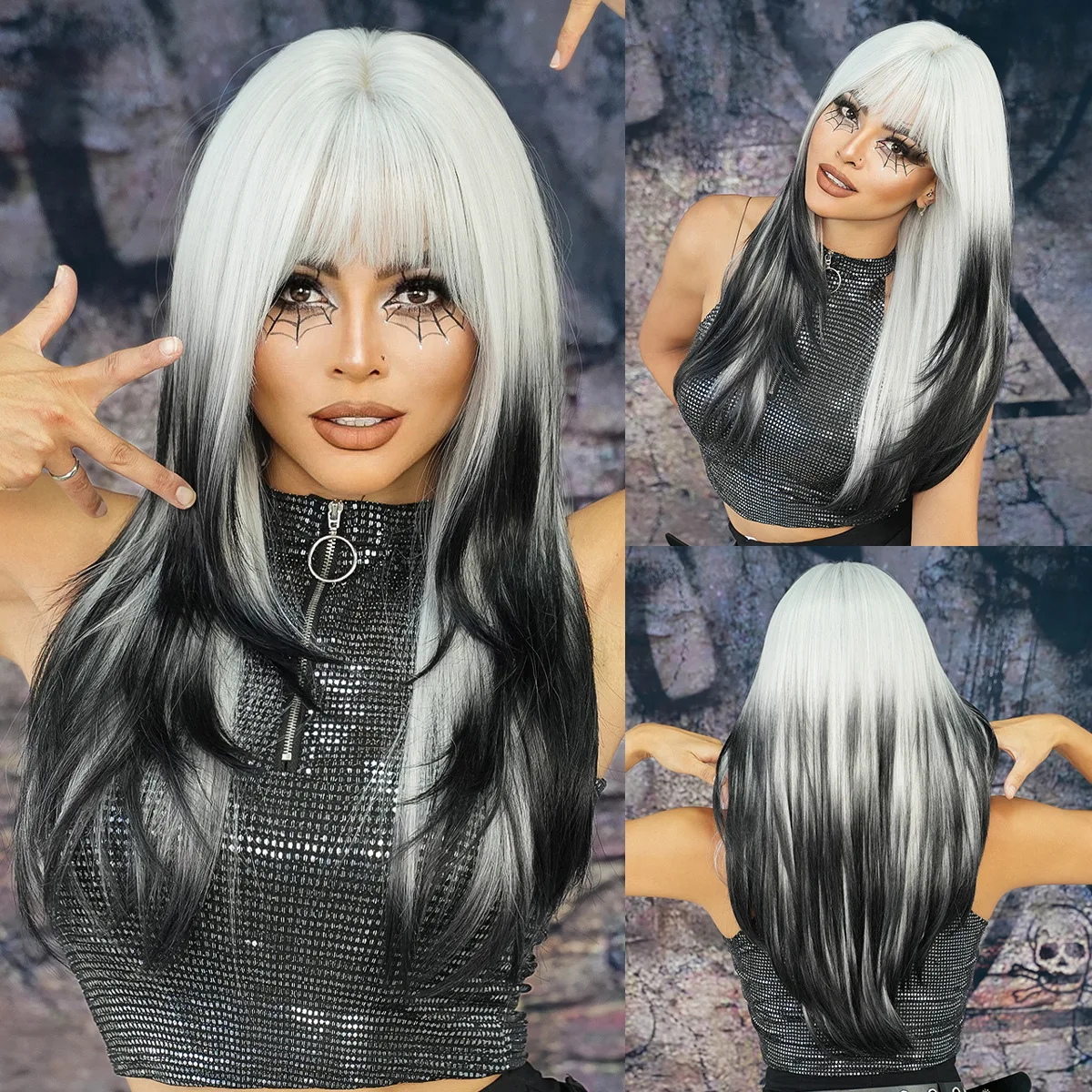 

Ladies wig Siamese cat silver white gradual change black long straight hair high level wig full hood