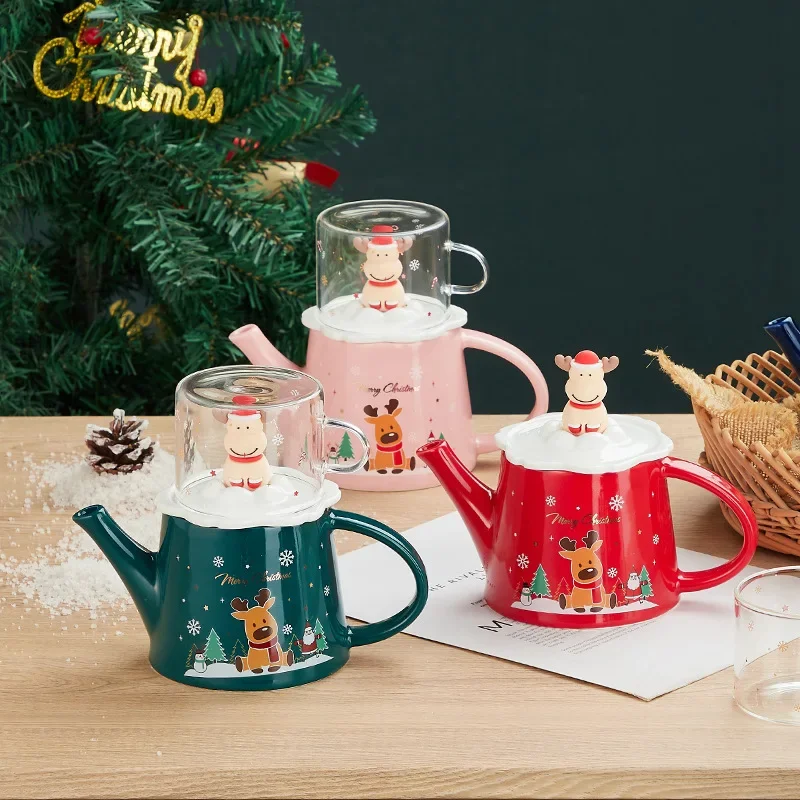 Christmas Elk Teapot,Glass Mug Cartoon Ceramic Teapot Flower Cup One Set Lovely Christmas Gift Drop Shipping Teaware Sets