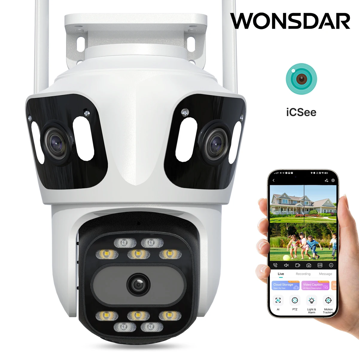 Cámara PTZ WONSDAR con Tres Lentes, Monitor de Vigilancia WiFi, Cámara de Seguridad para Exteriores con Detección de Movimiento, Audio Bidireccional, Monitor iCsee