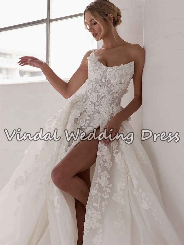 فساتين زفاف Vindal من الدانتيل بدون حمالات بفتحة عالية فساتين زفاف طويلة متدفقة فستان حفلات أنيق للعرائس حسب الطلب #3