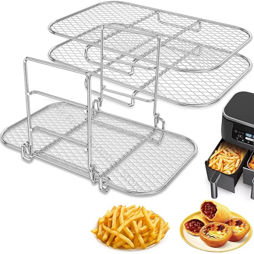 3-Layer Air Fryer Rack Stainless Steel BBQ Grilling Rack Stackable Steamer Racks For Ninja Double Basket Air Fryer Baking Tools