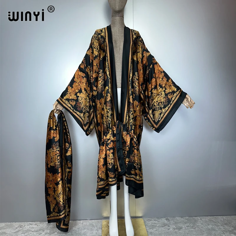 معطف كيمونو نسائي من WINYI مطبوع بحاشية فقاعية وأكمام طويلة سترة عباية دبي ملابس بحر فاخرة فستان بوهو قفطان