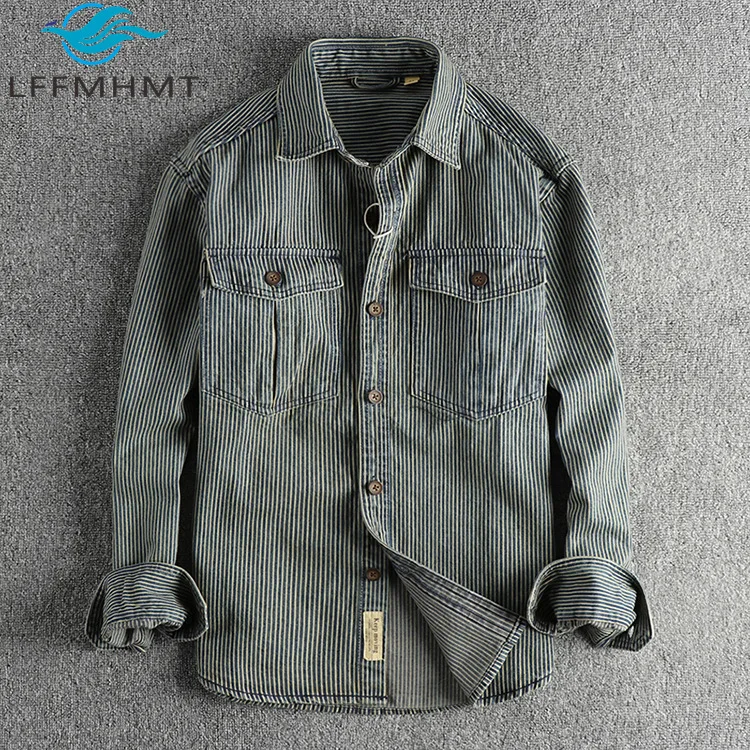 

High Quality Long Sleeve Men's Shirt with Pocket Decoration Striped Pattern Retro Workwear Denim Shirt Casual Shirt Jacket Male