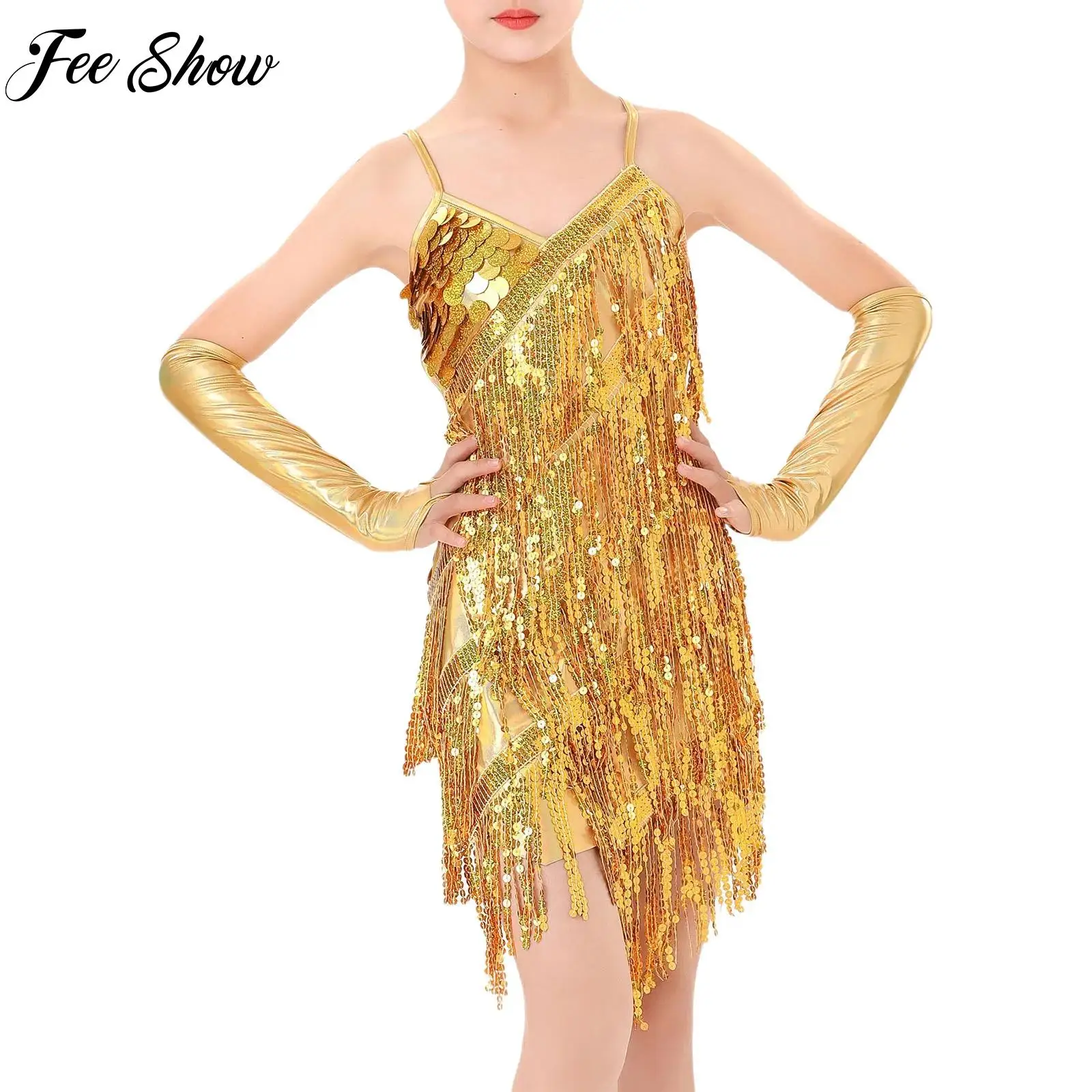 

Children Girls Latin Tango Dance Outfit Samba Cha-cha Performance Costumes Self-Tie Backless Sparkly Sequins Tassel Dress+Gloves