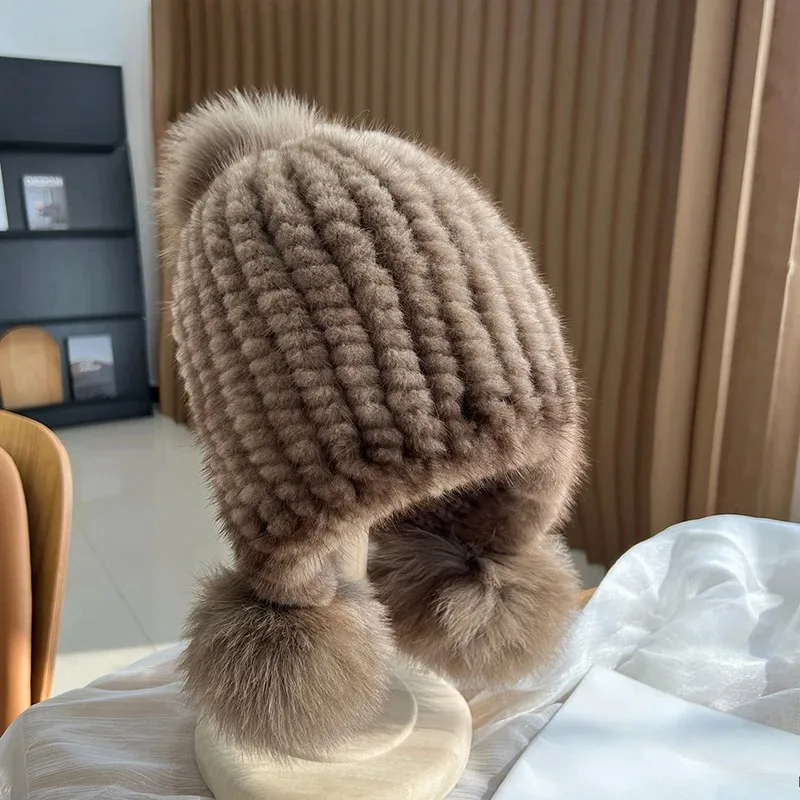 

Winter Hot Sale Real Mink Fur Hat For Women Knitted Mink Fur Ear Warm Cap The Spiral Beanies Cap With Fox Fur Pompom On The Top