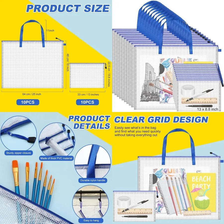 20 Pcs Art Portfolio Bag Bulk Set with 10 Pcs 19 x 25 Waterproof Poster Storage Cases Featuring Zipper Handles for Protecting A