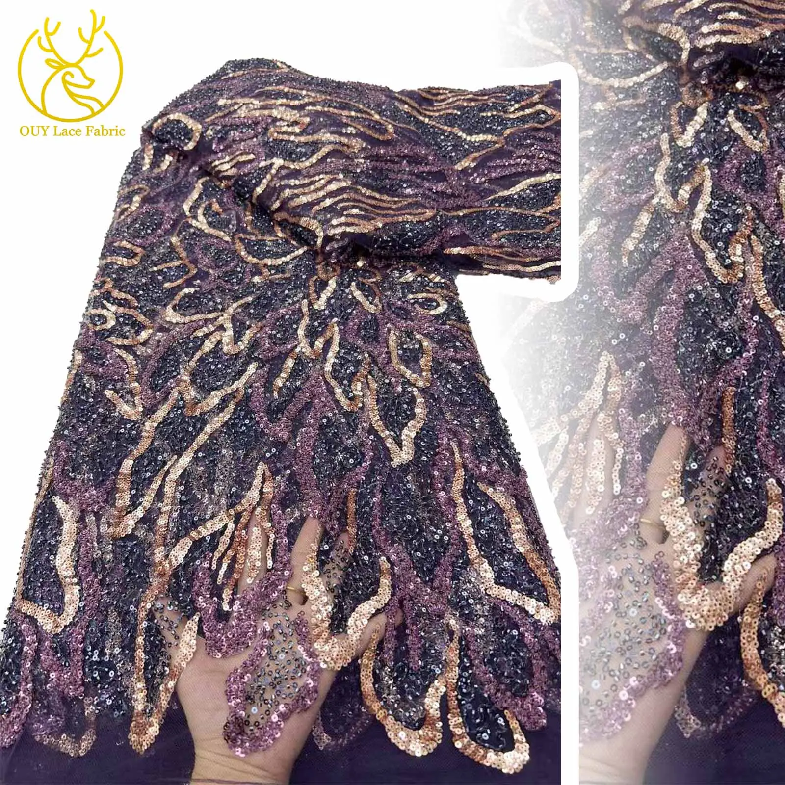 

Elegant Nigerian Handmade Heavy Beaded Tulle Lace Fabric 2025 African Luxury Sequin Lace Fabric for Women's Evening Gowns