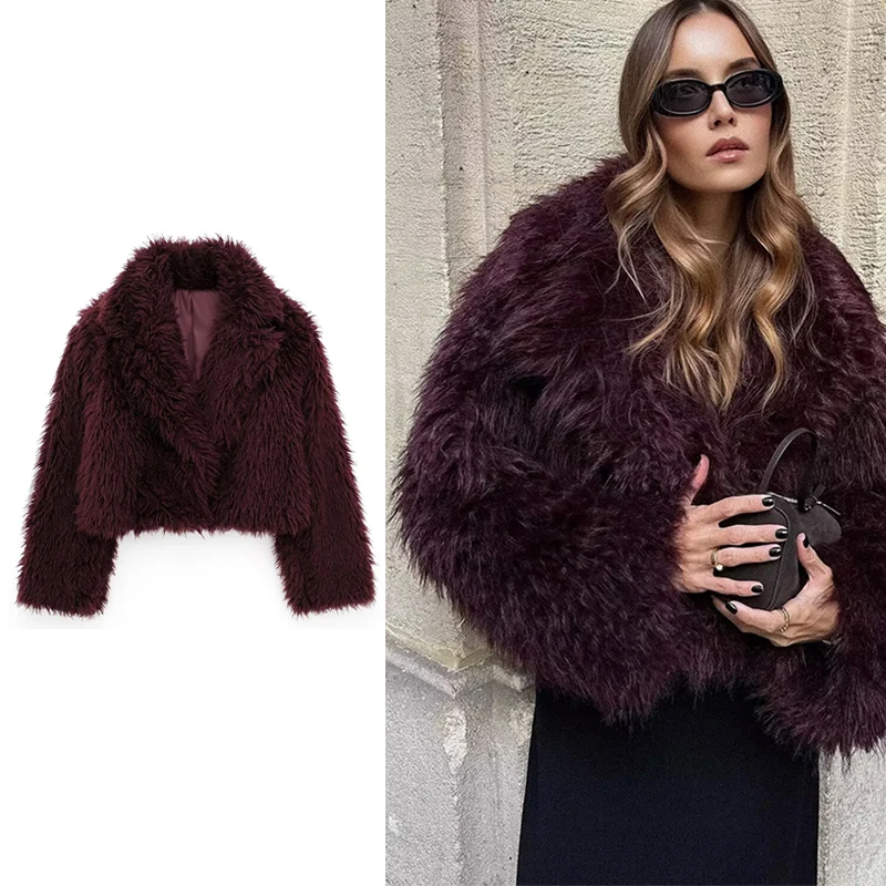 UETEEY Winter Women Wine Red Faux Fur Jackets Female Thick Warm Turn-down Collar Coats Ladies Chic Outerwear