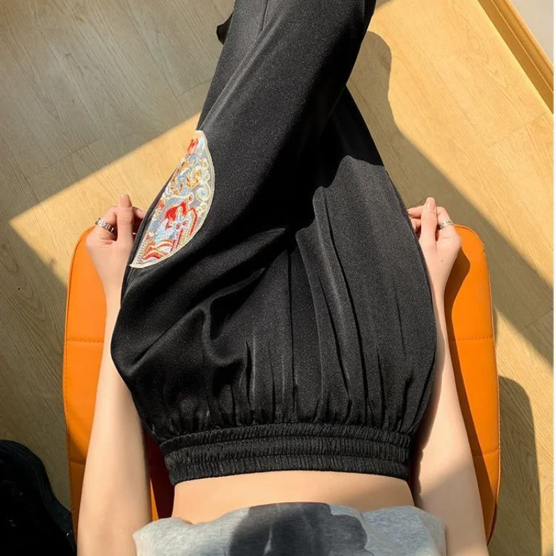 Calças de perna larga para mulheres no verão fino estilo chinês bordado moda casual calças retas soltas e finas e na moda