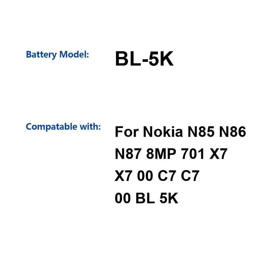 

Аккумулятор мобильного телефона для Nokia X7 X700 C7 C700 N85 N86 N87 8MP 701, долговечный, 1300 мАч, BL-5K, хорошая низкотемпературная производительность