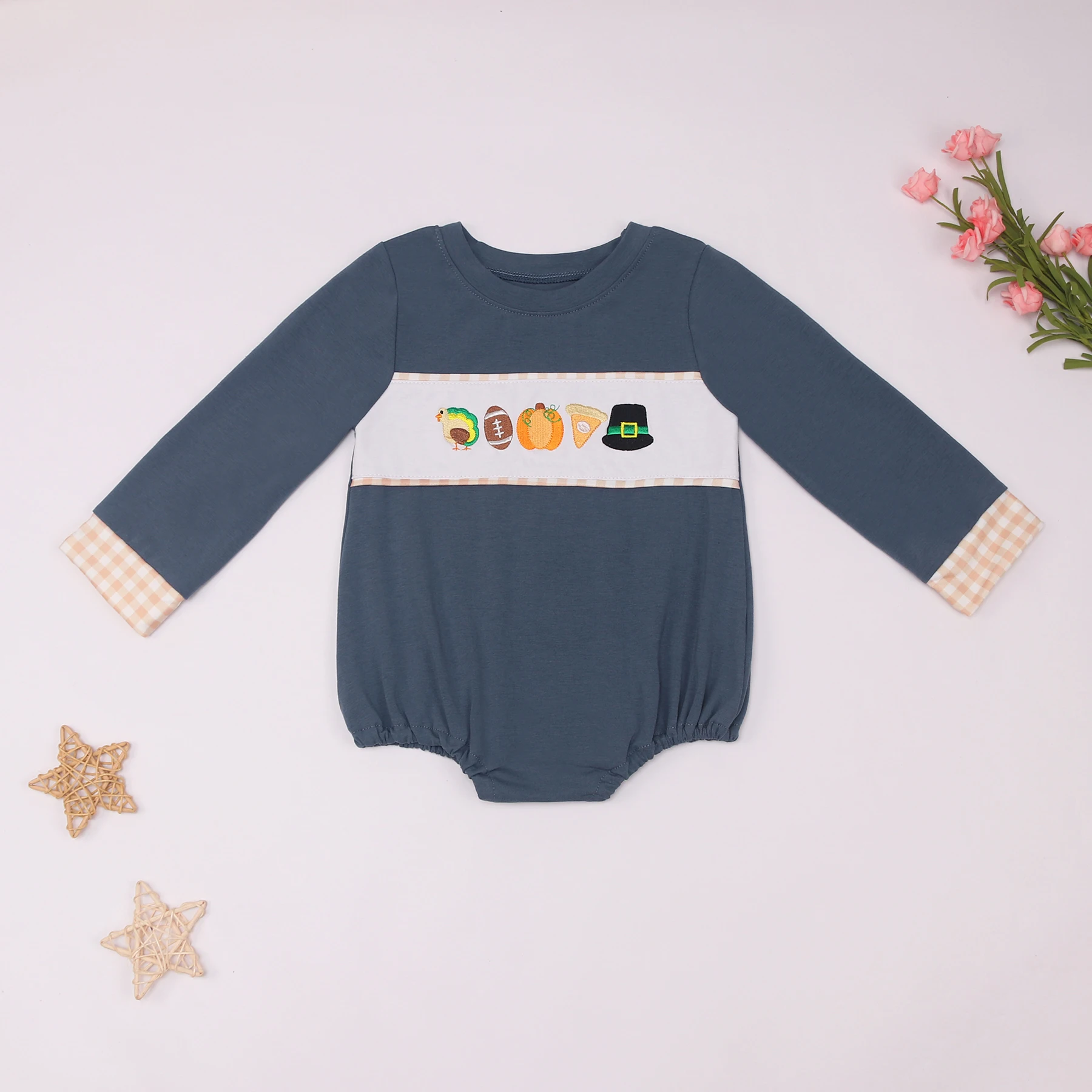 Baby New Cotton Long Sleeve T-shirt Set Round Neck Thanksgiving Turkey Embroidery Boy Blue Top Clothes And Orange Lattice Pants