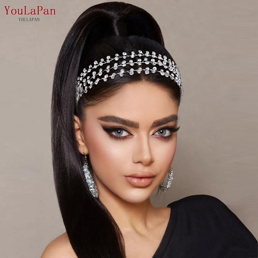 YouLaPan 3 Rows Rhinestone Bridal Headband Silver Multi‑Strand Wedding Headpieces Hair Accessory For Evening Formal Party HP552